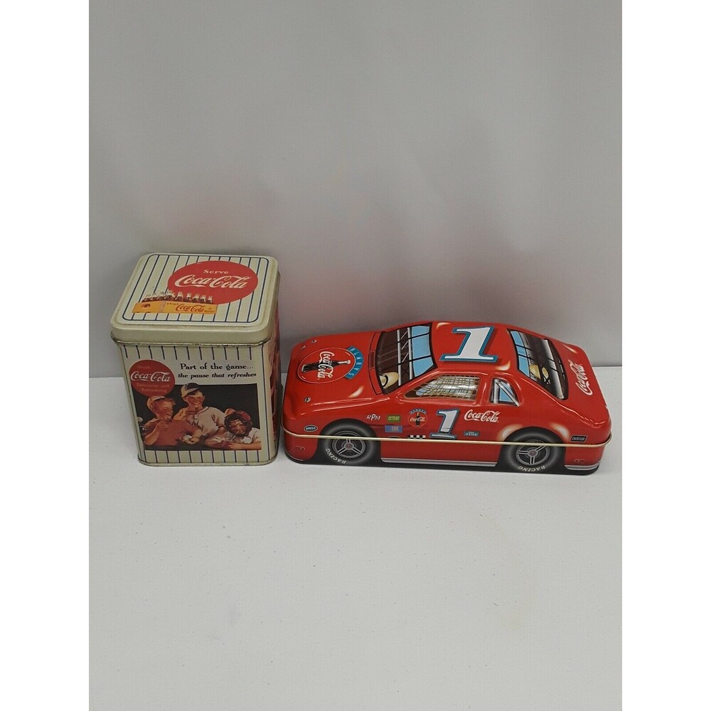 Vtg Lot of 2 Coca Cola Tin Baseball boys Part of the game Racing Car 1993 /97